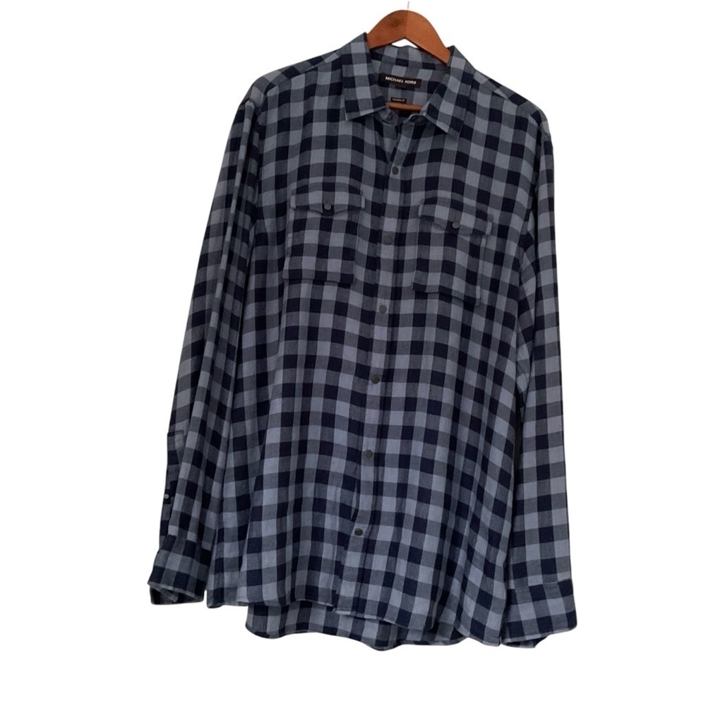Michael Kors 100% Linen Shirt XL Blue Tailored Fit Pocket Plaid Snap Western Y2K